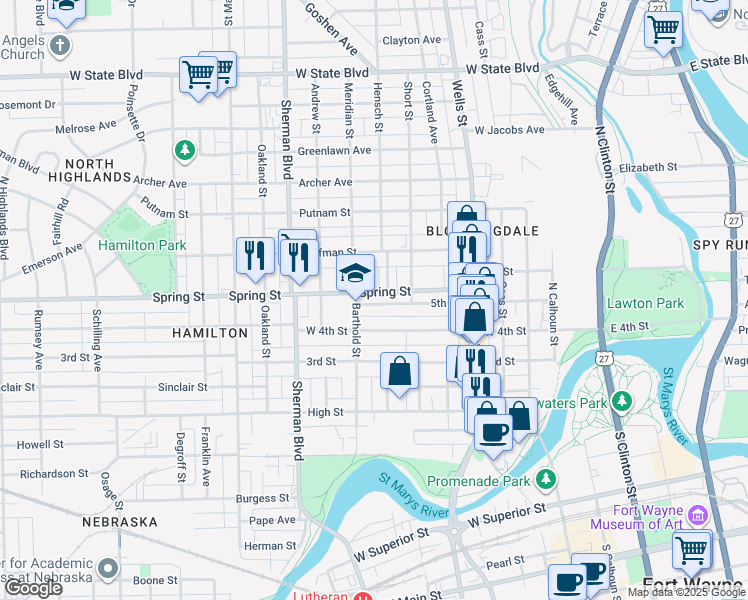 map of restaurants, bars, coffee shops, grocery stores, and more near 650 5th Street in Fort Wayne