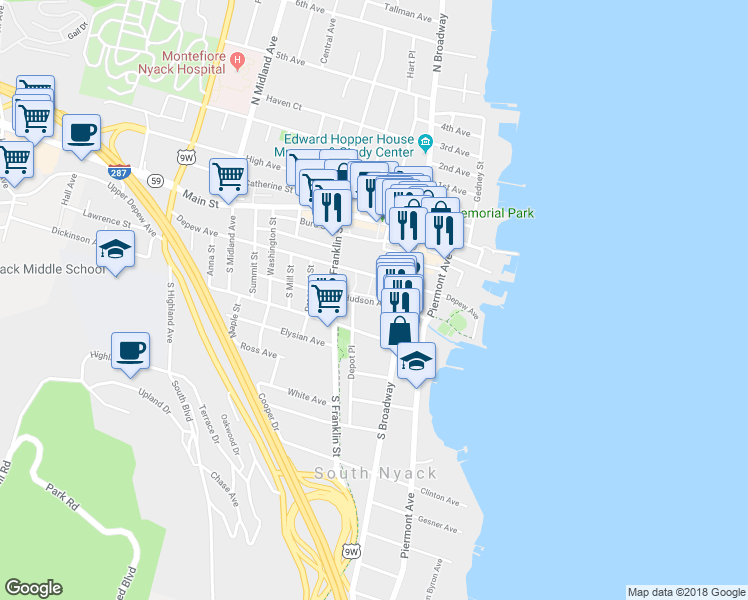 map of restaurants, bars, coffee shops, grocery stores, and more near 32 Nyack Plaza in Nyack