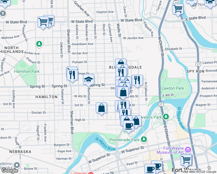 map of restaurants, bars, coffee shops, grocery stores, and more near 528 5th Street in Fort Wayne