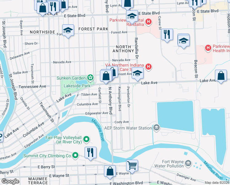 map of restaurants, bars, coffee shops, grocery stores, and more near 1310 N Anthony Blvd in Fort Wayne