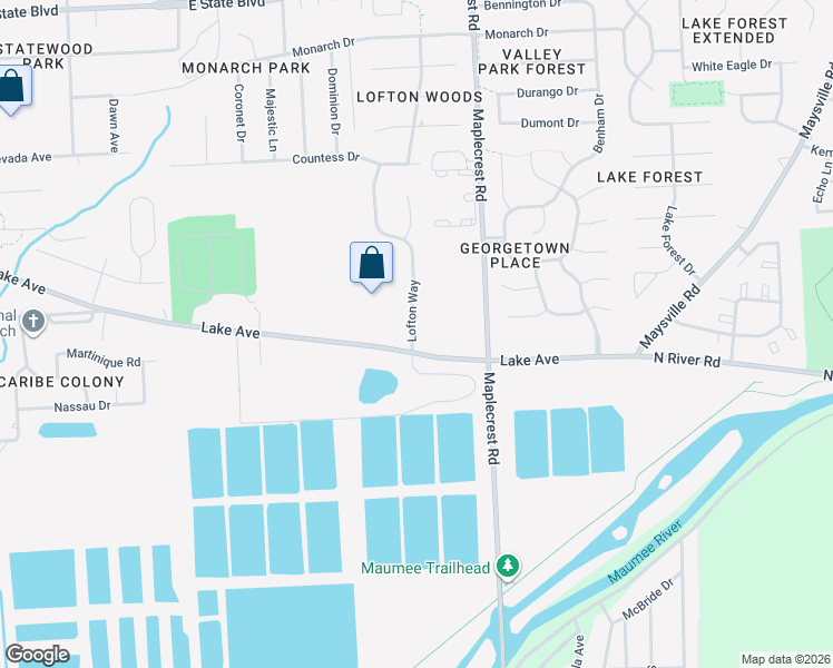 map of restaurants, bars, coffee shops, grocery stores, and more near 6000-6108 Lake Avenue in Fort Wayne