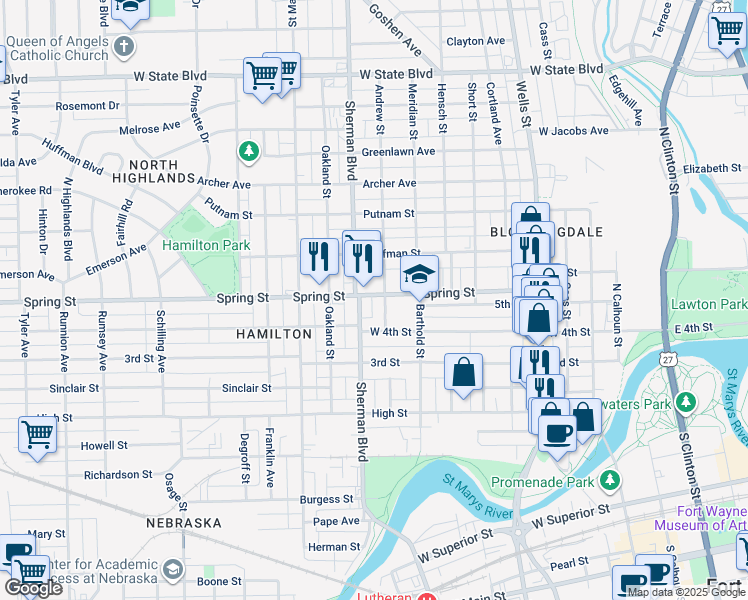 map of restaurants, bars, coffee shops, grocery stores, and more near 809 Spring Street in Fort Wayne