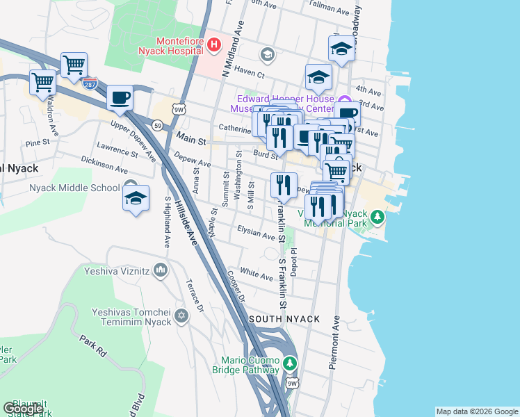 map of restaurants, bars, coffee shops, grocery stores, and more near 36 Prospect Street in Nyack