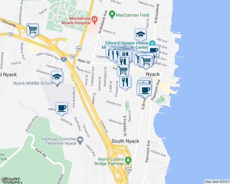 map of restaurants, bars, coffee shops, grocery stores, and more near 36 Prospect Street in Nyack