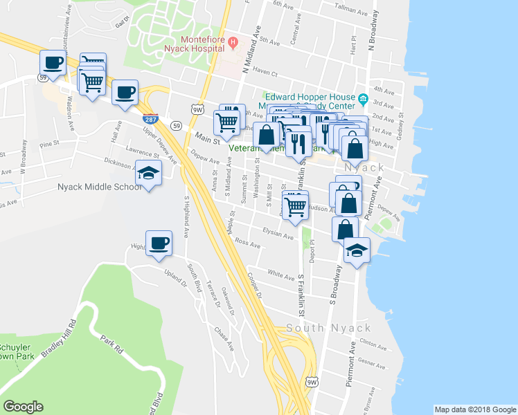 map of restaurants, bars, coffee shops, grocery stores, and more near 166 Cedar Hill Avenue in Nyack