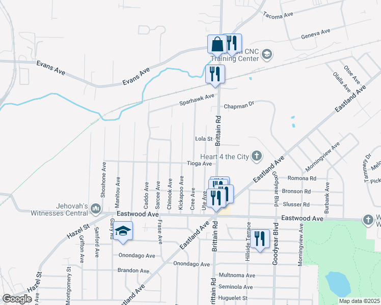 map of restaurants, bars, coffee shops, grocery stores, and more near 951 Kickapoo Avenue in Akron