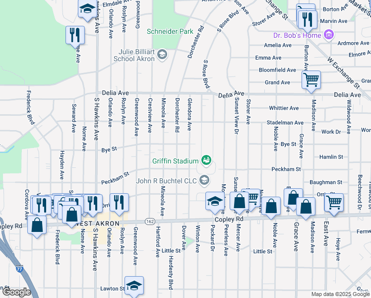 map of restaurants, bars, coffee shops, grocery stores, and more near 597 Glendora Avenue in Akron