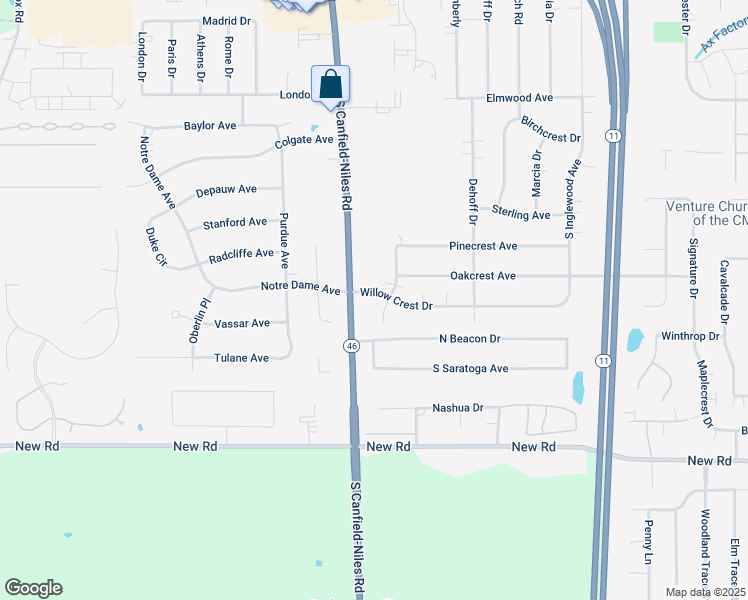 map of restaurants, bars, coffee shops, grocery stores, and more near 5411 Willow Crest Drive in Youngstown
