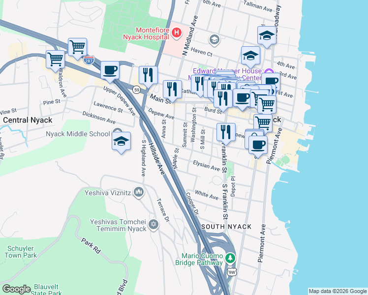 map of restaurants, bars, coffee shops, grocery stores, and more near Cedar Hill Avenue & Summit Street in Nyack