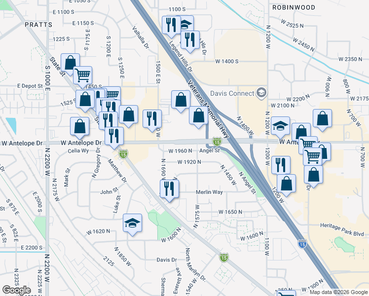 map of restaurants, bars, coffee shops, grocery stores, and more near 1544 Antelope Drive in Layton
