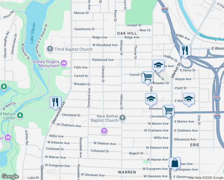 map of restaurants, bars, coffee shops, grocery stores, and more near 336 Breaden Street in Youngstown