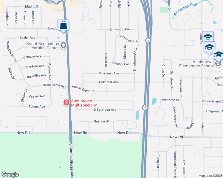 map of restaurants, bars, coffee shops, grocery stores, and more near 5203 Oakcrest Avenue in Youngstown