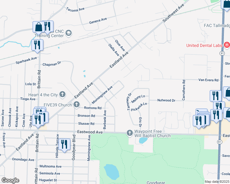 map of restaurants, bars, coffee shops, grocery stores, and more near 1043 Morningview Avenue in Akron