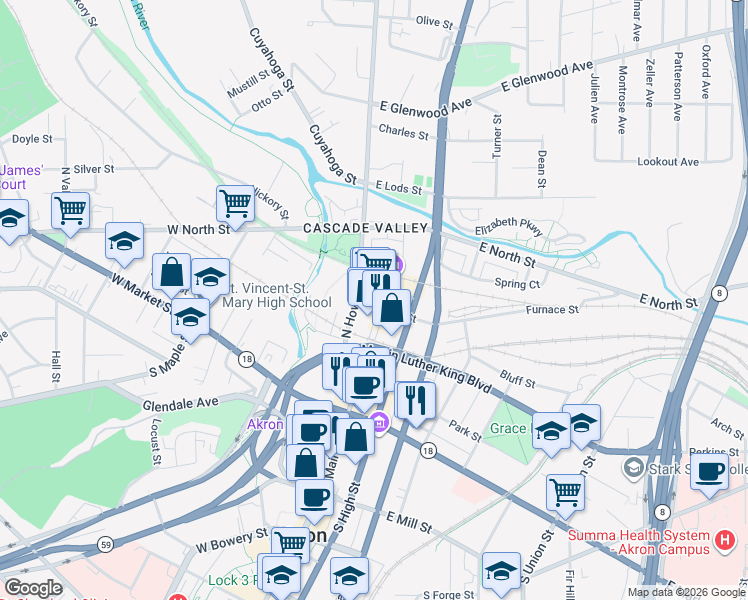 map of restaurants, bars, coffee shops, grocery stores, and more near 152 North Howard Street in Akron