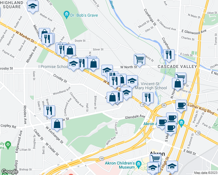 map of restaurants, bars, coffee shops, grocery stores, and more near 275 West Market Street in Akron