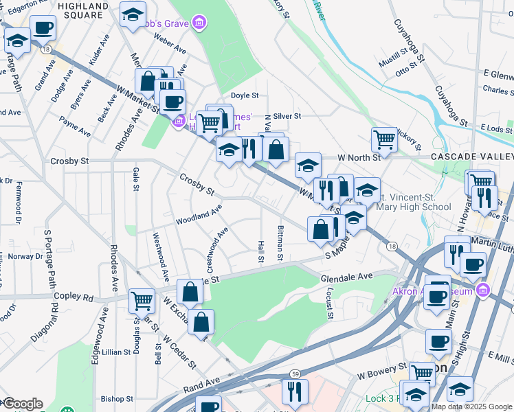 map of restaurants, bars, coffee shops, grocery stores, and more near 25 South Valley Street in Akron