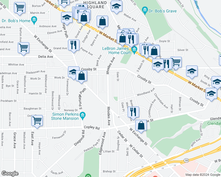 map of restaurants, bars, coffee shops, grocery stores, and more near 163 Rhodes Avenue in Akron