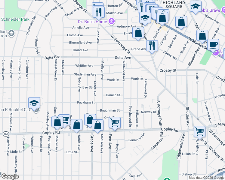 map of restaurants, bars, coffee shops, grocery stores, and more near 901 Bye Street in Akron