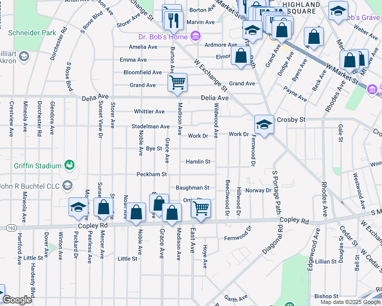 map of restaurants, bars, coffee shops, grocery stores, and more near 901 Bye Street in Akron