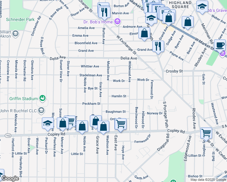 map of restaurants, bars, coffee shops, grocery stores, and more near 313 Madison Avenue in Akron