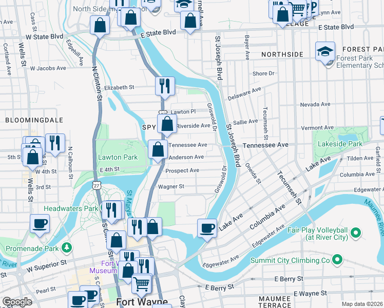 map of restaurants, bars, coffee shops, grocery stores, and more near 641 Tennessee Avenue in Fort Wayne