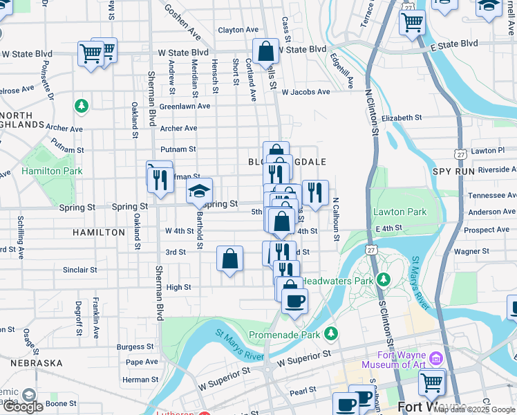 map of restaurants, bars, coffee shops, grocery stores, and more near 1629 Beach Street in Fort Wayne