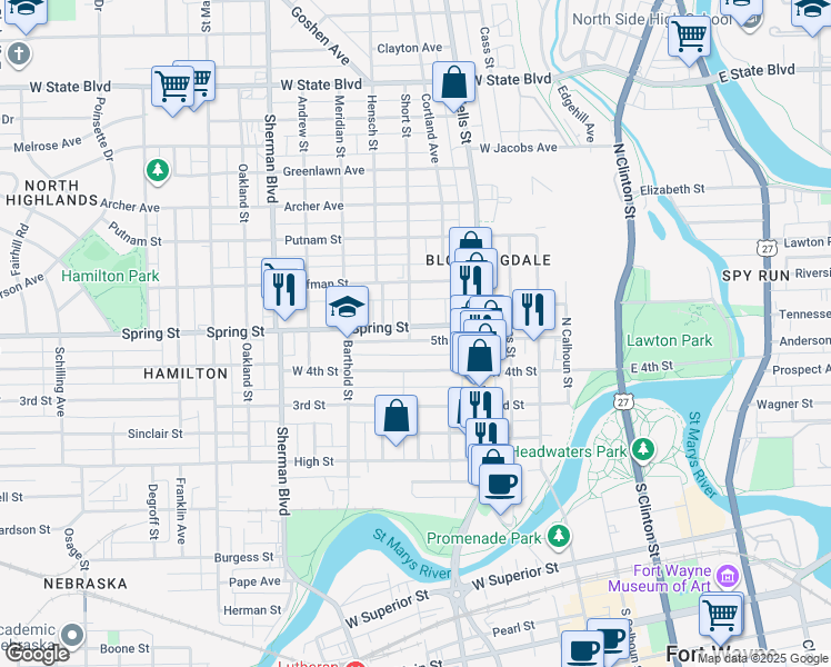 map of restaurants, bars, coffee shops, grocery stores, and more near 1629 Beach Street in Fort Wayne