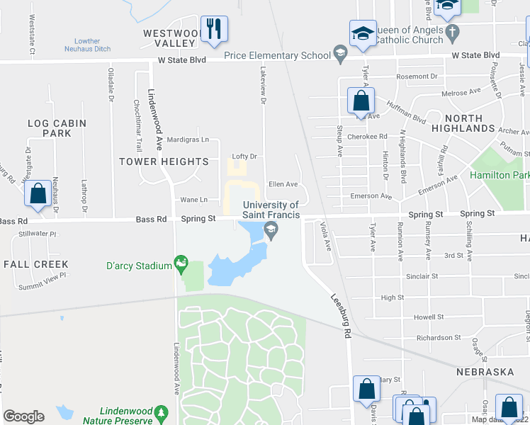 map of restaurants, bars, coffee shops, grocery stores, and more near 2612 Spring Street in Fort Wayne