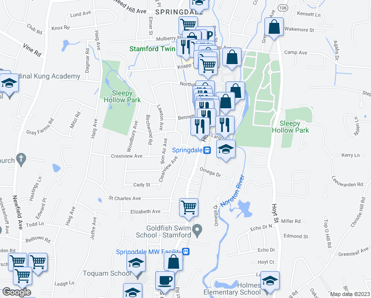 map of restaurants, bars, coffee shops, grocery stores, and more near 136 Knickerbocker Avenue in Stamford