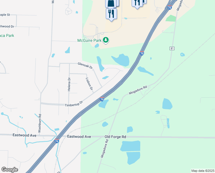 map of restaurants, bars, coffee shops, grocery stores, and more near 1473 Timbertop Drive in Tallmadge