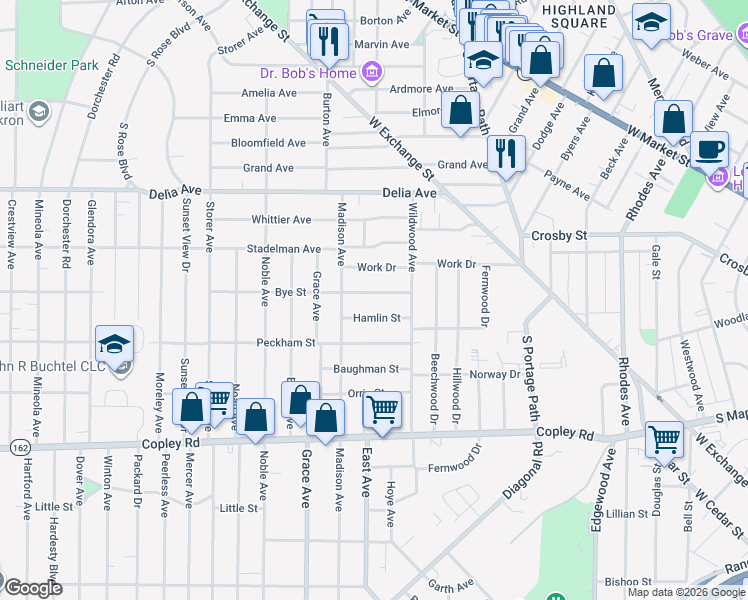 map of restaurants, bars, coffee shops, grocery stores, and more near 901 Bye Street in Akron