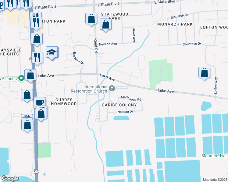 map of restaurants, bars, coffee shops, grocery stores, and more near 4920 Old Maysville Road in Fort Wayne