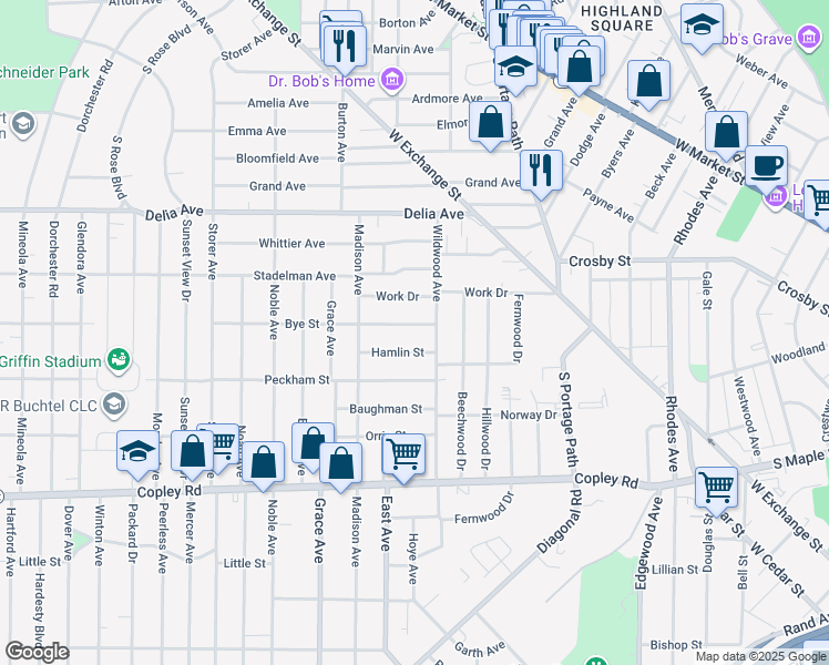 map of restaurants, bars, coffee shops, grocery stores, and more near 890 Bye Street in Akron