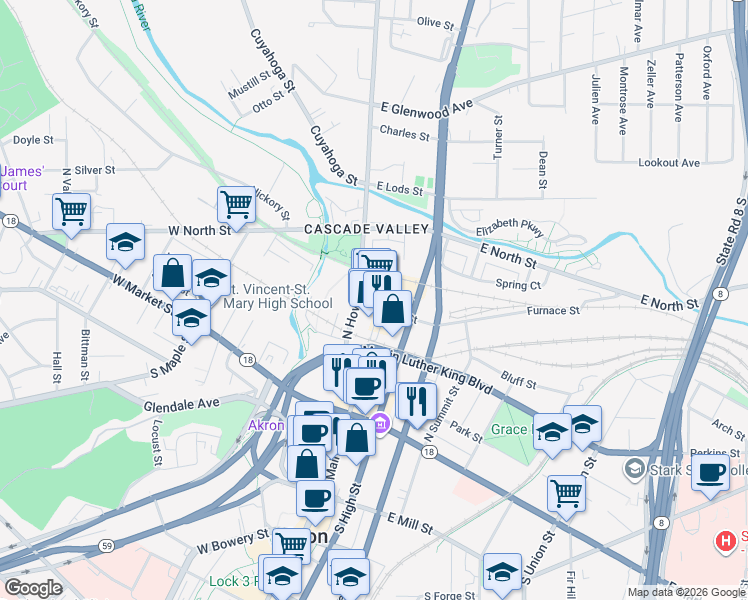 map of restaurants, bars, coffee shops, grocery stores, and more near 152 North Howard Street in Akron