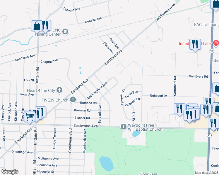 map of restaurants, bars, coffee shops, grocery stores, and more near 1043 Morningview Avenue in Akron