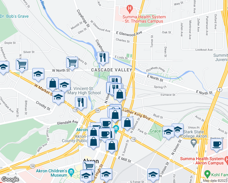 map of restaurants, bars, coffee shops, grocery stores, and more near 152 North Howard Street in Akron