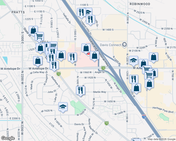 map of restaurants, bars, coffee shops, grocery stores, and more near 1606 West 1960 North in Layton