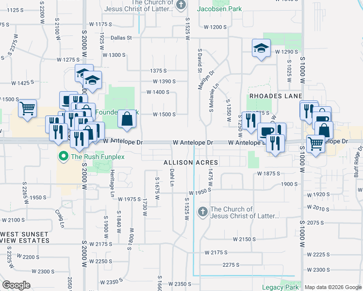 map of restaurants, bars, coffee shops, grocery stores, and more near 1557 West Antelope Drive in Syracuse
