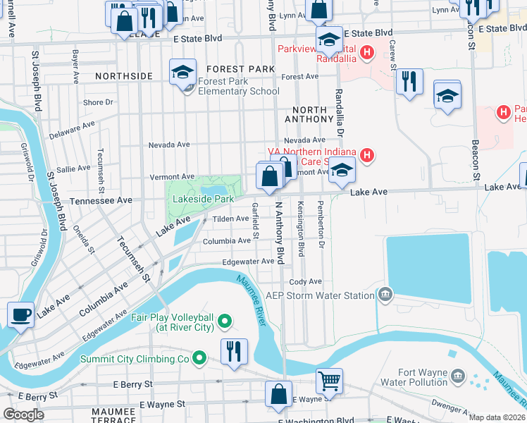 map of restaurants, bars, coffee shops, grocery stores, and more near 1714 Lake Avenue in Fort Wayne
