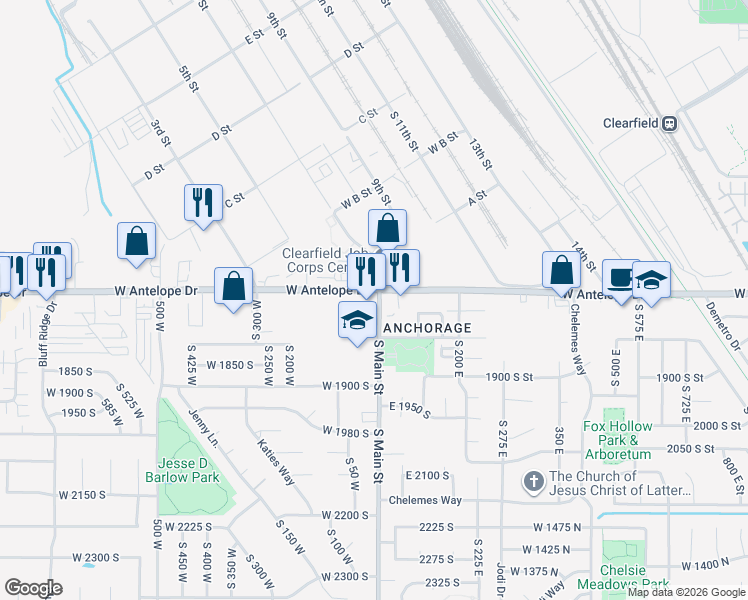 map of restaurants, bars, coffee shops, grocery stores, and more near 11 West 1700 South in Clearfield