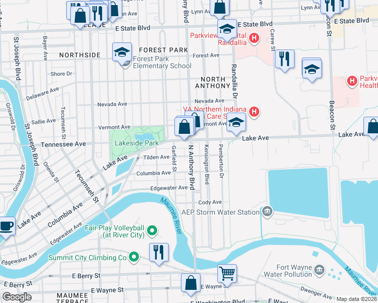 map of restaurants, bars, coffee shops, grocery stores, and more near 1714 Lake Avenue in Fort Wayne