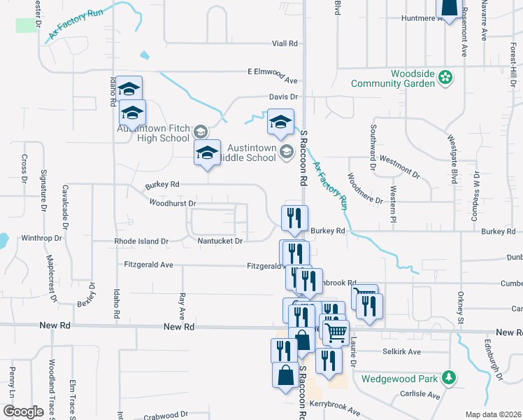 map of restaurants, bars, coffee shops, grocery stores, and more near 4454 Burkey Road in Youngstown