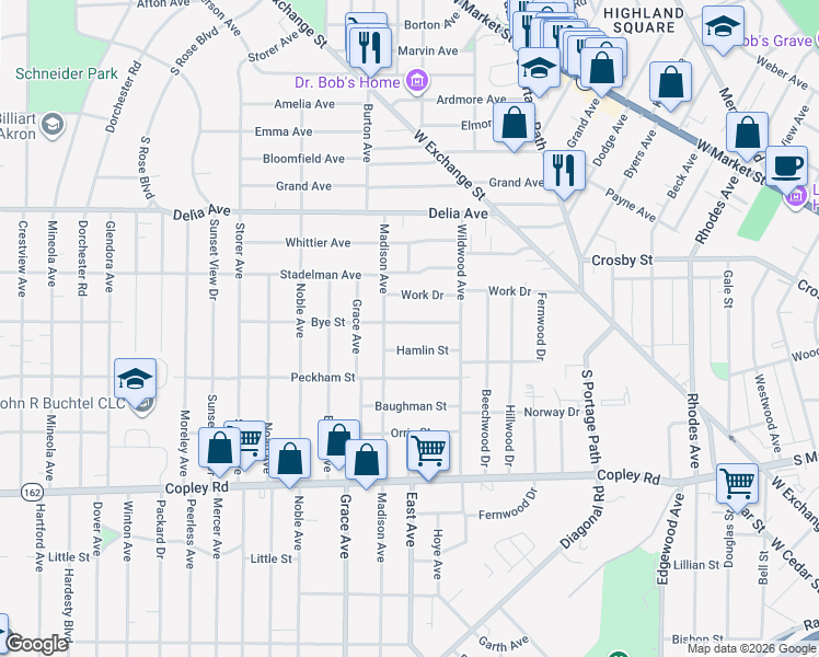map of restaurants, bars, coffee shops, grocery stores, and more near 901 Bye Street in Akron