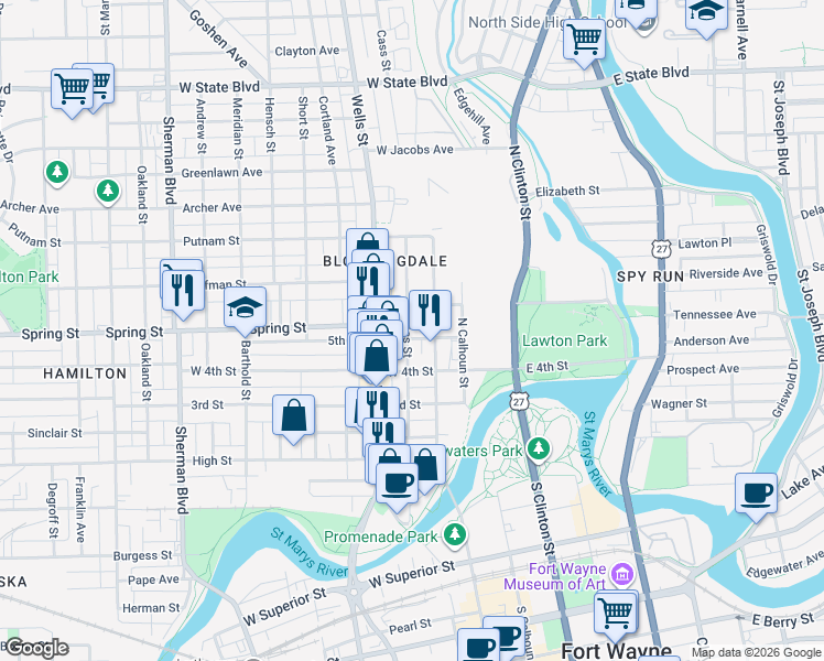 map of restaurants, bars, coffee shops, grocery stores, and more near 1633 Cass Street in Fort Wayne