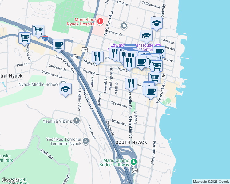 map of restaurants, bars, coffee shops, grocery stores, and more near 53 Washington Street in Nyack