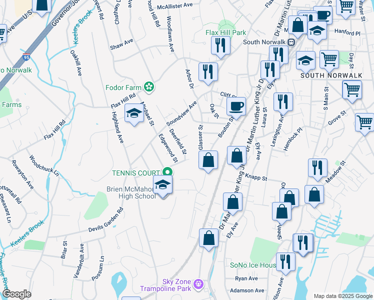 map of restaurants, bars, coffee shops, grocery stores, and more near 8 Earl Street in Norwalk