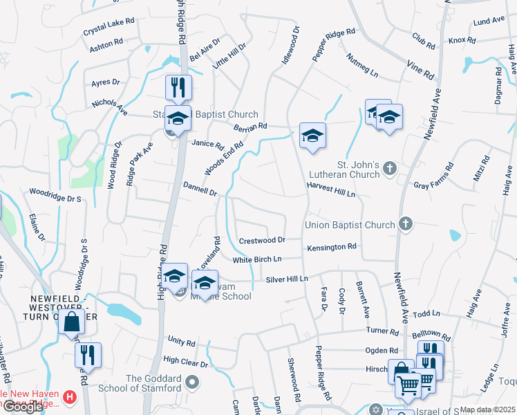 map of restaurants, bars, coffee shops, grocery stores, and more near 70 Fawn Drive in Stamford