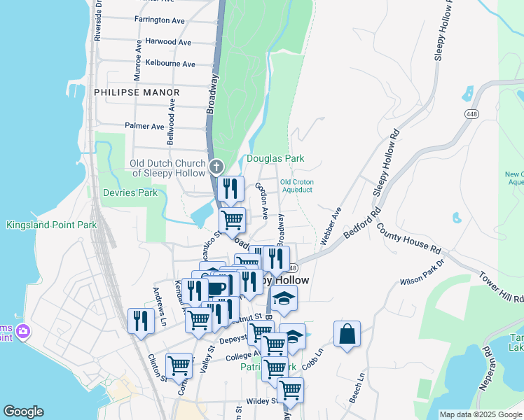 map of restaurants, bars, coffee shops, grocery stores, and more near 89 New Broadway in Sleepy Hollow