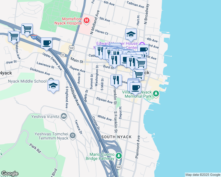 map of restaurants, bars, coffee shops, grocery stores, and more near in Nyack