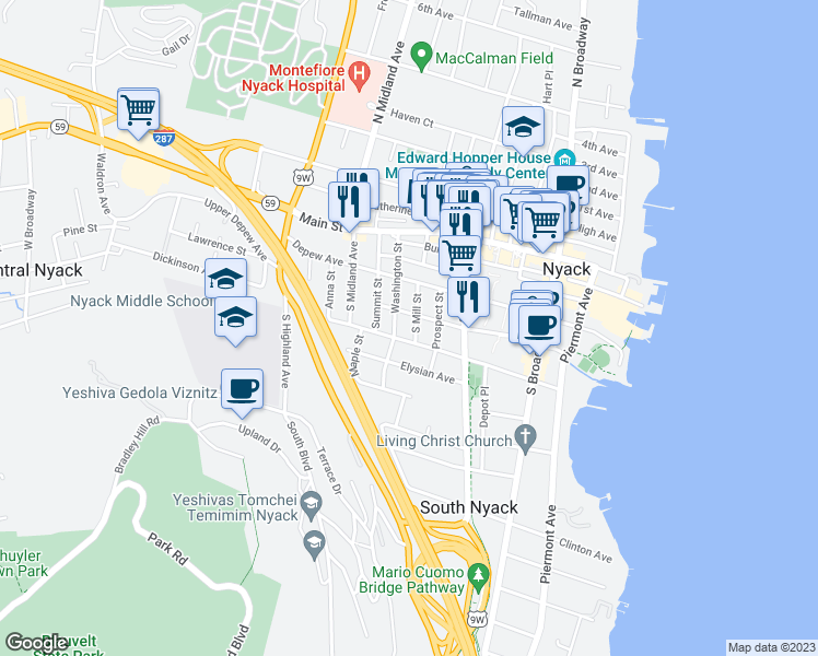 map of restaurants, bars, coffee shops, grocery stores, and more near 53 Washington Street in Nyack